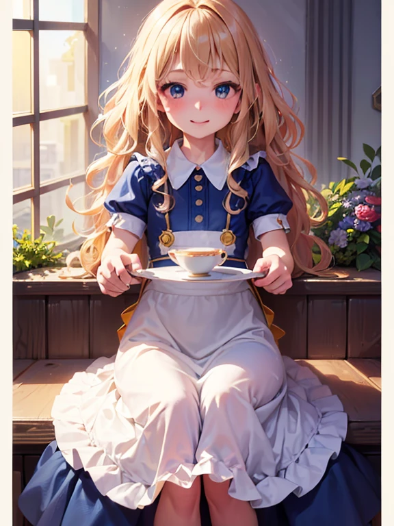 (8K, Highest quality, tableトップ:1.2), Ultra-high resolution, 7--old l, Perfect Fingers, Detailed face, smile, blue eyes, Blonde, (wavy hair:1.5), (Blue Apron Dress), garden, flower bed, table, tableクロス, Black tea, Tea cup, cake, (Sit on a chair)