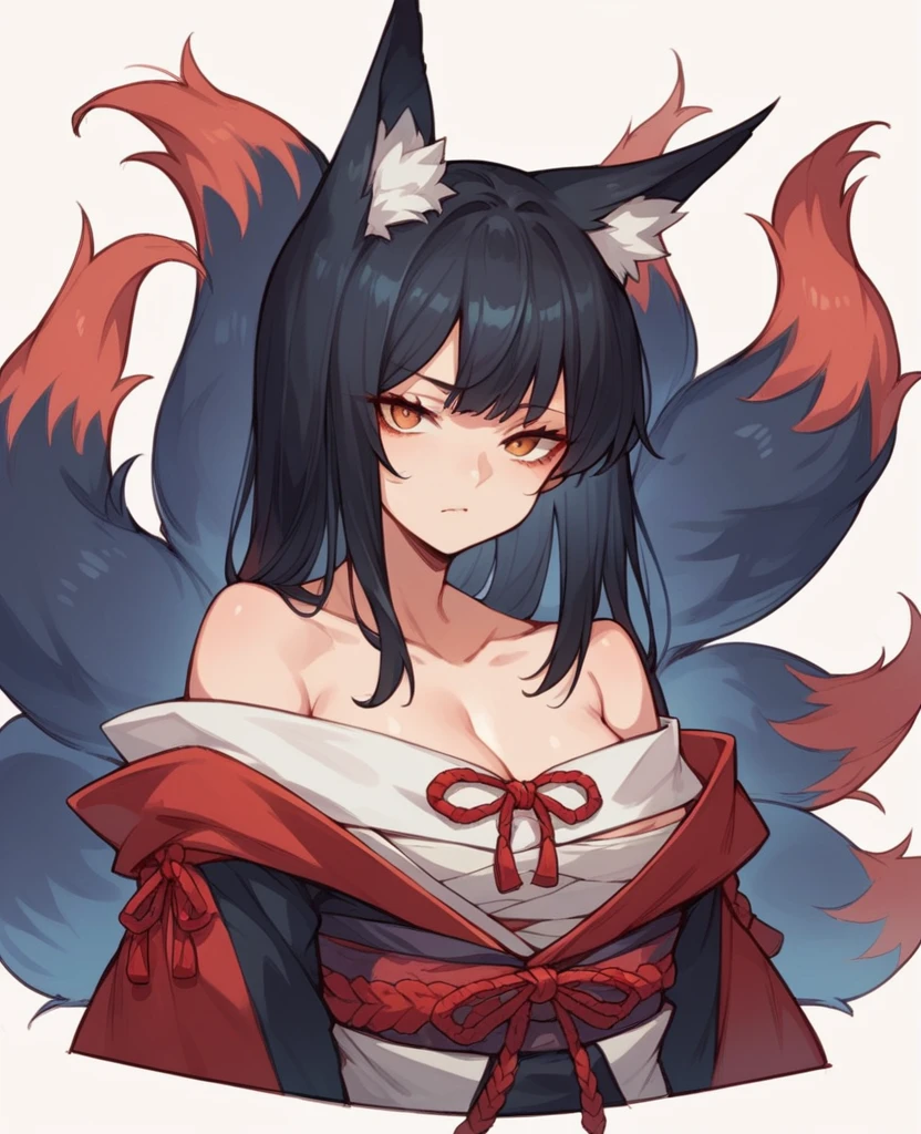 Anime girl, black hair, kitsune features, off shoulder robes, nine tails, fox ears, mischievous expression