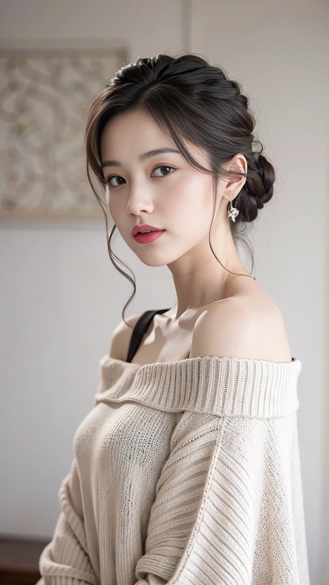 ((best quality)), ((masterpiece)), (detailed), 1girl, off-shoulder sweater,