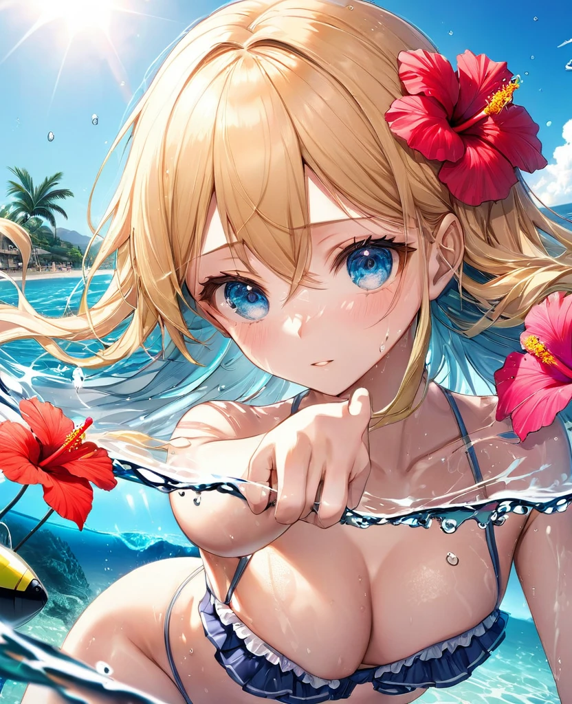(masterpiece, best quality:1.2), (absurdres, highres, ultra-detailed), (perfect anatomy),
Beautiful woman、Frilly Swimsuit、Ocean、Blonde、Blue inner color、Fluffy longhair、Pupil water、Swim ring、Dolphin、Sparkling、hibiscus
(8K, RAW photo:1.2),detailed face and eyes,intricate detail ,masterpiece ,sharp focus, high quality,BREAK,rating: general, newest