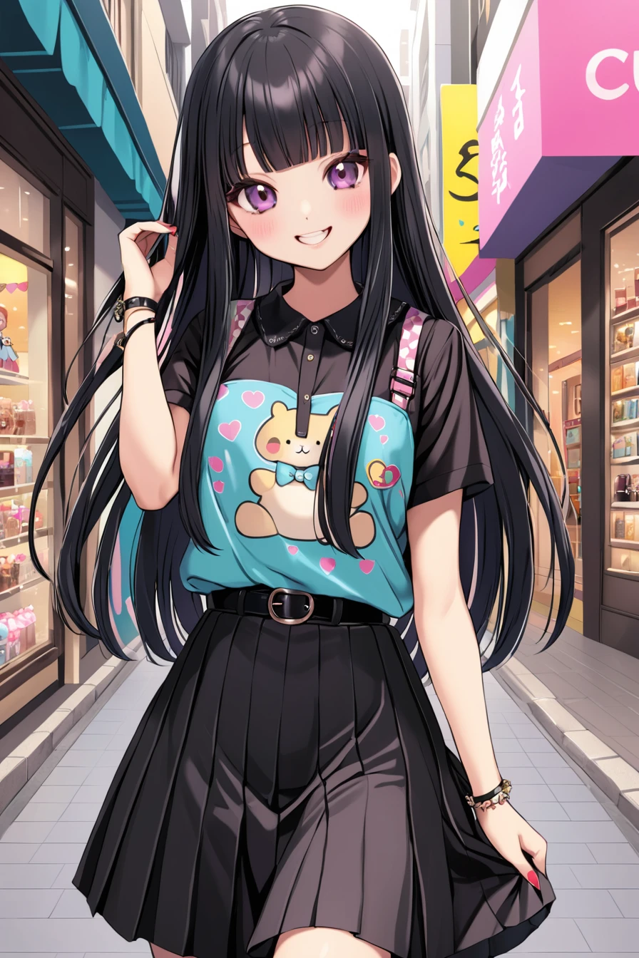 Black hair long straight　Straight Hair　Smooth and straight hair　Straight bangs　Date　Harajuku　skirt　shirt　cute　smile
