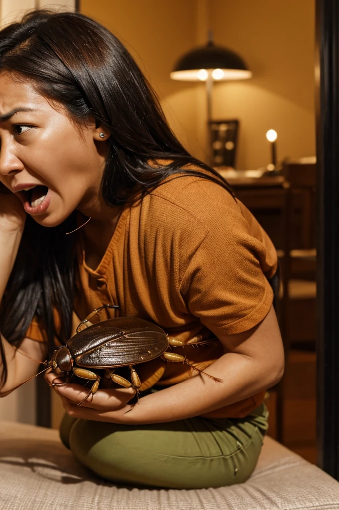 A woman scared when she sees a roach
