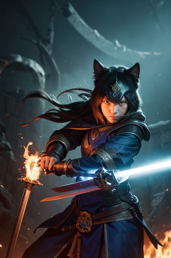 /imagine prompt: cat knight in blue armor, wielding a flaming sword, monkey monk in a fighting pose with lightning-infused fists, Shiba Inu samurai in black armor, holding dual katanas, green parrot wizard wearing a witch hat and robe, holding two staffs with purple magic circles emanating from the tips, inside a dungeon, dim lighting, 4K, 3D CGI, cinematic shot --v 6.0 --ar 16:9 --style raw
