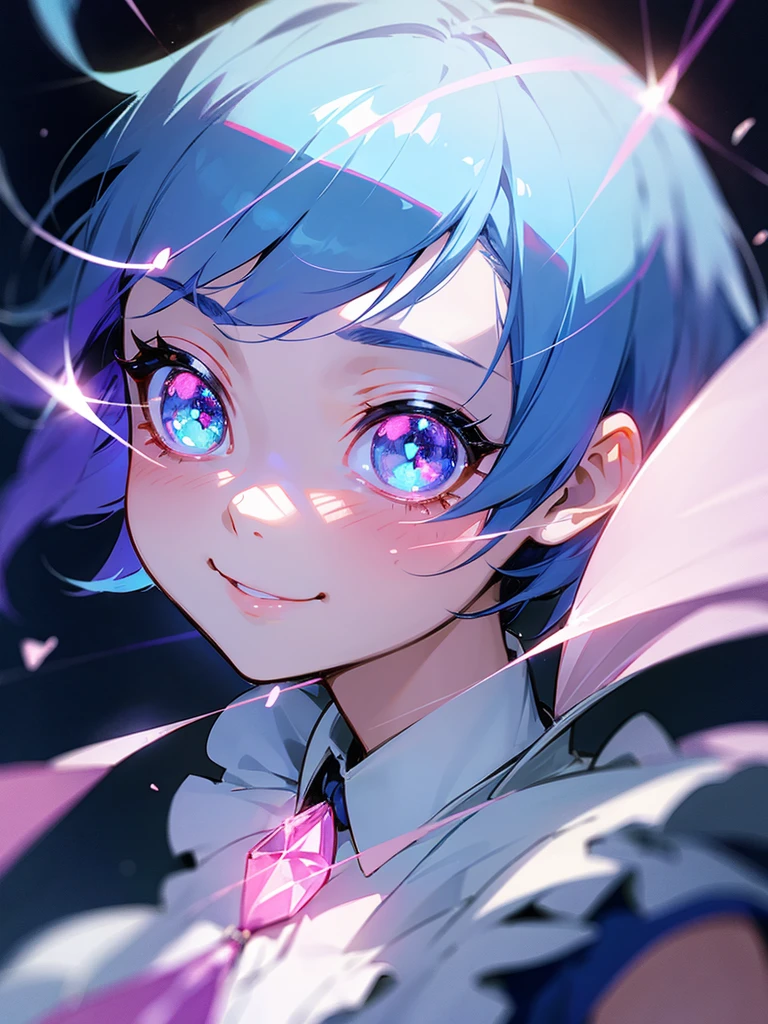 1girl, portrait, anime girl with short blue hair wearing maid outfit, blue hair with pink gradient, close up face, detailed eyes, detailed hair, emotional lovely happy expression, crystal glowing eyes, cinematic lighting, extremely detailed body, face, clothes, ultra HD, masterpiece, very very anime style, bokeh, starry shining lighting