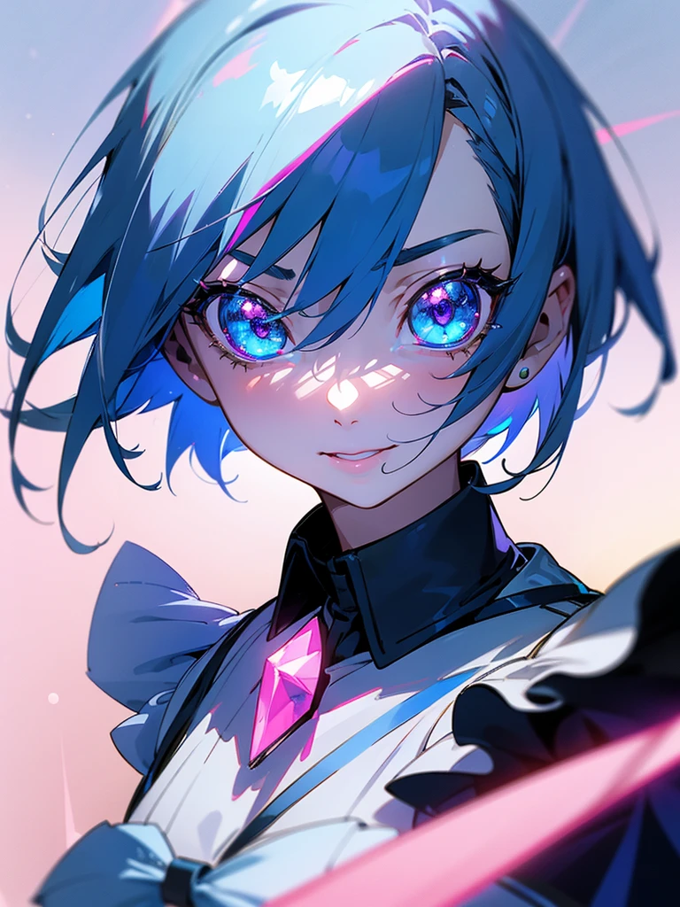 1girl, portrait, anime girl with short blue hair wearing maid outfit, blue hair with pink gradient, close up face, detailed eyes, detailed hair, emotional lovely happy expression, crystal glowing eyes, cinematic lighting, extremely detailed body, face, clothes, ultra HD, masterpiece, very very anime style, bokeh, starry shining lighting