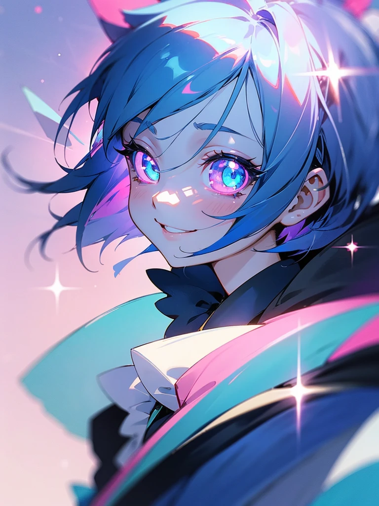1girl, portrait, loli anime girl with short blue hair wearing maid outfit, blue hair with pink gradient, close up face, detailed eyes, detailed hair, emotional lovely happy expression, crystal glowing eyes, cinematic lighting, extremely detailed body, face, clothes, ultra HD, masterpiece, very very anime style, bokeh, starry shining lighting