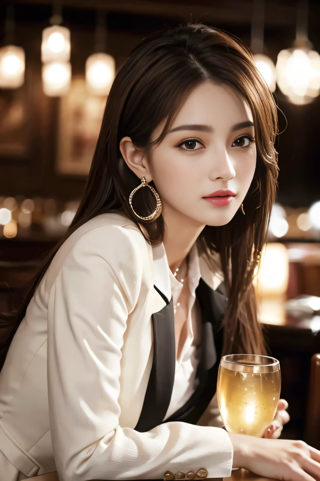 masterpiece, Highest quality, Realistic, Very detailed, Finer details, High resolution, 8k wallpaper, One beautiful woman, Wear a nice suit, In a great restaurant, At night, Light brown messy hair, Perfect dynamic composition, Beautiful and beautiful eyes、Big earrings、Sit on a chair