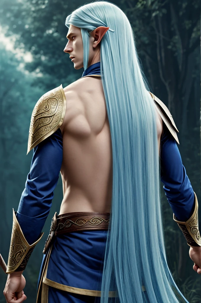 Tall elegantly dressed male elf with long sky blue hair down his back , sky blue eyes ,very pale skin ,nose splatter digital art