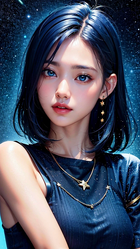 Hyperrealistic photo,girl dark blue hair, with stars background, espejo amarillo , reflejando las estrellas