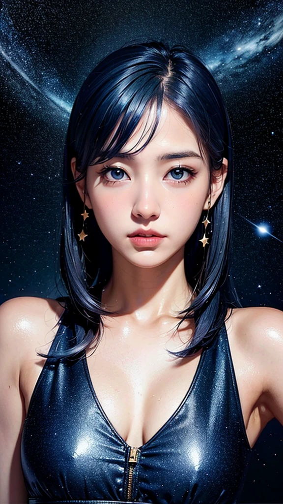 Hyperrealistic photo,girl dark blue hair, with stars background, espejo amarillo , reflejando las estrellas