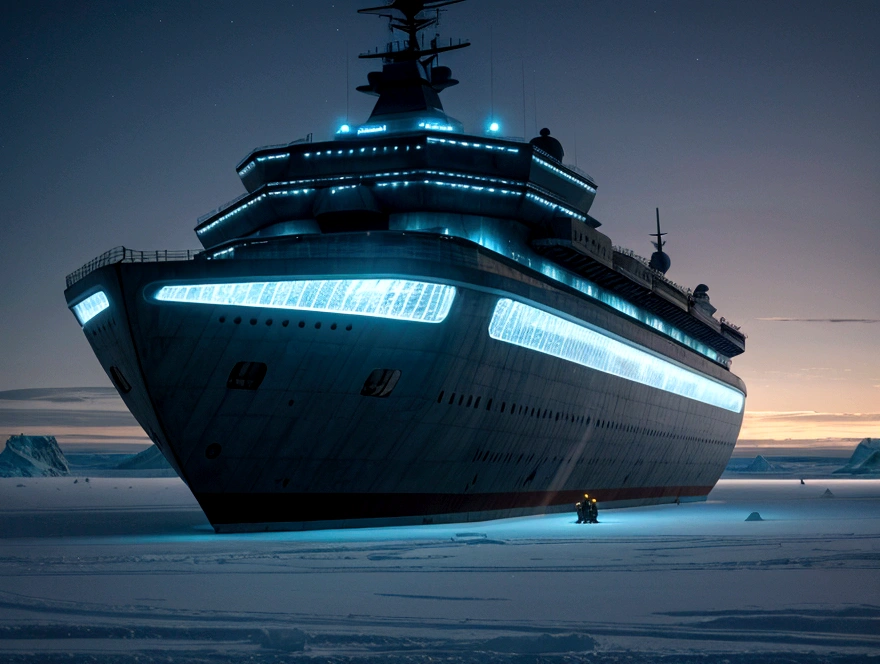 On a frozen planet, an alien spaceship of futuristic and organic design is parked on the icy surface. The ship has an imposing structure with curved shapes and luminous details that shine with blue and green tones.... Several members of the alien crew descend an extended ramp from the ship... These aliens have exotic shapes., with vibrantly colored skins and space suits adapted to the icy environment, showing advanced and incomprehensible technologies. In the background, A minimalist and brutalist concrete station is erected.. The station has straight and robust lines., with a solid and monolithic appearance, contrasting with the icy surroundings. The structure is simple but imposing., with large concrete blocks, small windows and thick walls that seem impenetrable.The sky is a deep blue with a faint glow of distant stars., and the surface of the planet is covered in ice and snow., reflecting the faint light of the distant sun. The atmosphere is cold and silent., with an air of mystery and adventure. cinematic lighting, very high resolution, 4k hyperrealistic image
