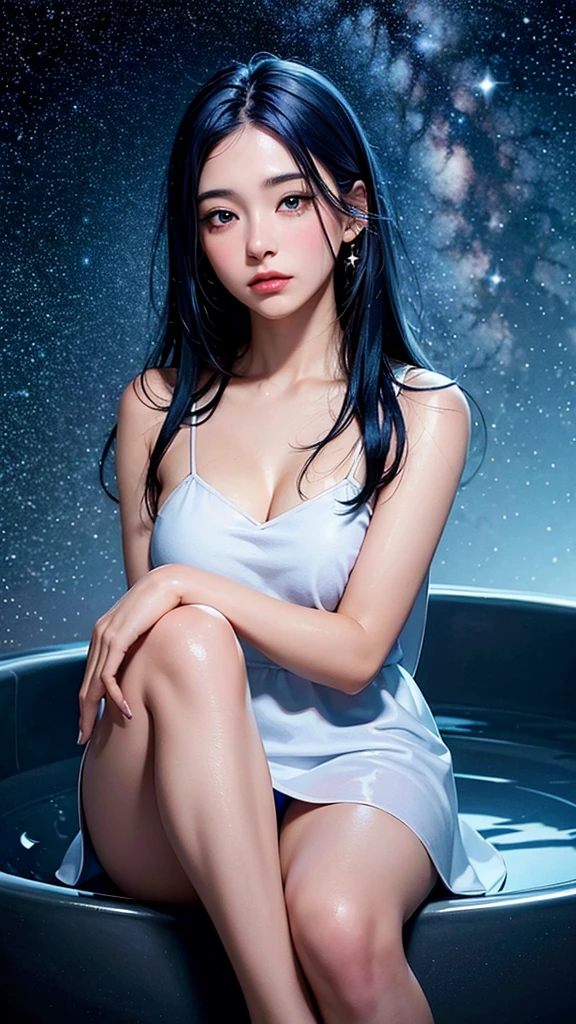 Hyperrealistic photo,girl dark blue hair, with stars background, espejo amarillo , reflejando las estrellas