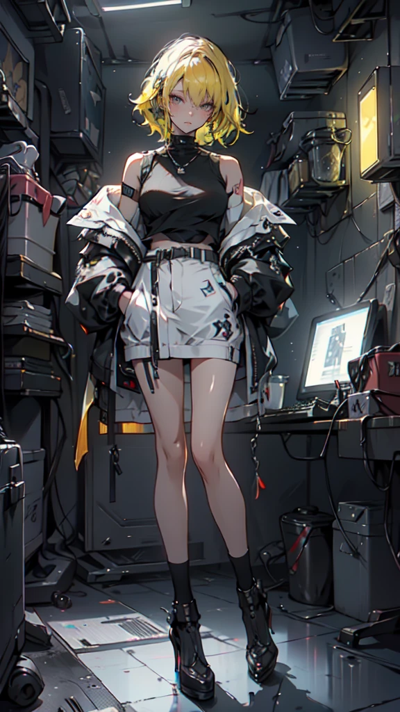 1 girl, short yellow hair, cyberpunk, Alice in Wonderland, black high heels, hand in pocket, best quality, 4k, 8k, highres, masterpiece:1.2, ultra-detailed, realistic, photorealistic, photo-realistic:1.37, HDR, UHD, studio lighting, ultra-fine painting, sharp focus, physically-based rendering, extreme detail description, professional, vivid colors, bokeh, concept art