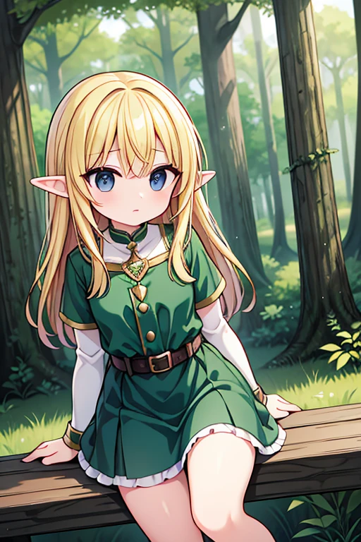 An adult elf with blonde hair and black eyes, she is in a forest.