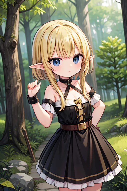 An adult elf with blonde hair and black eyes, she is in a forest.