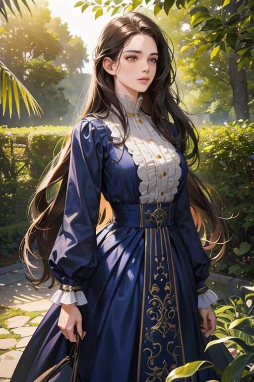 a woman with long wavy dark hair, beautiful detailed golden eyes, delicate features, wearing a navy blue dress, standing in a lush garden, 1800s aristocratic portrait, (best quality,4k,8k,highres,masterpiece:1.2),ultra-detailed,(realistic,photorealistic,photo-realistic:1.37),intricate details, cinematic lighting, dramatic colors, elegant, refined, graceful