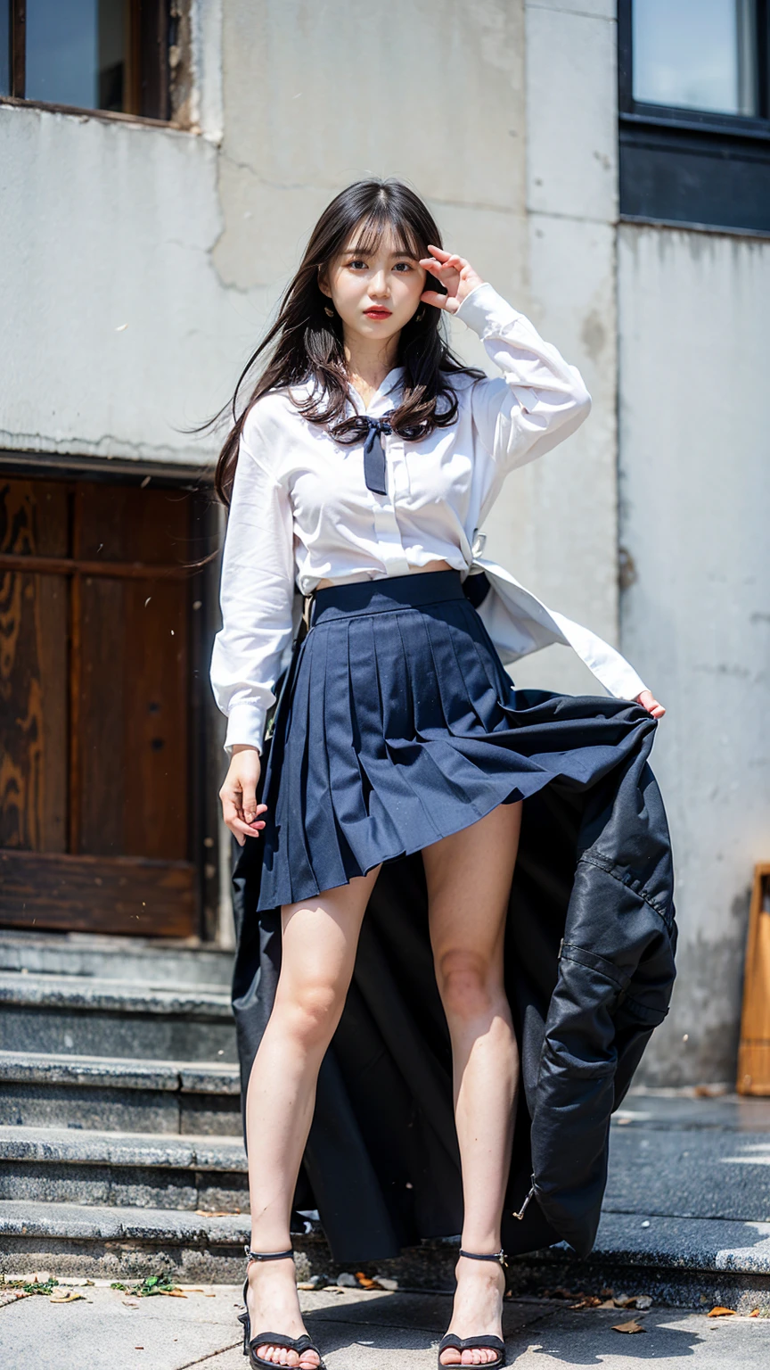 ((Viewing angle from below、Highest quality、masterpiece、32k、Every detail))、Descend the outdoor stairs、commute、Systemic symptoms、Traditional navy blue sailor uniform、White blouse、Pleated skirt、(((A strong wind blows my hair and skirt away:1.62)))、(( I always wear the strap of my bag across my body..:1.22))、One Girl, alone、(((mini skirt, No underwear:1.22)))、Big Breasts、barefoot, High heels