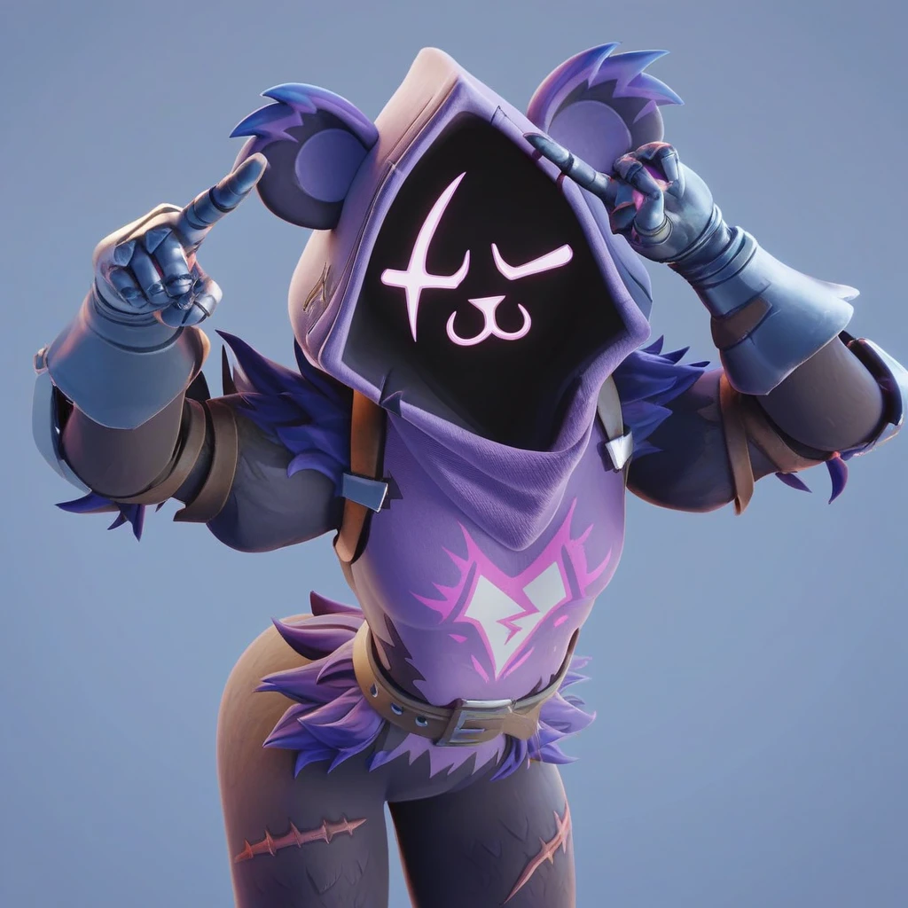 Raven team leader,purple hoodie, with no face, shadowed face, animal ears,purple skin, scar on eye, body skin, purple fur, waist belt, torso symbol, metal gloves, pointing your ass at the viewer, leaning forward, pushing, she closes her eyes, hands resting on top of a small wall, her with her eyes closed, hands are not in the air, expression of force, clear and blue day