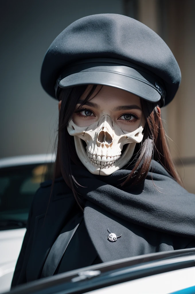 Skull with beret on top of a car