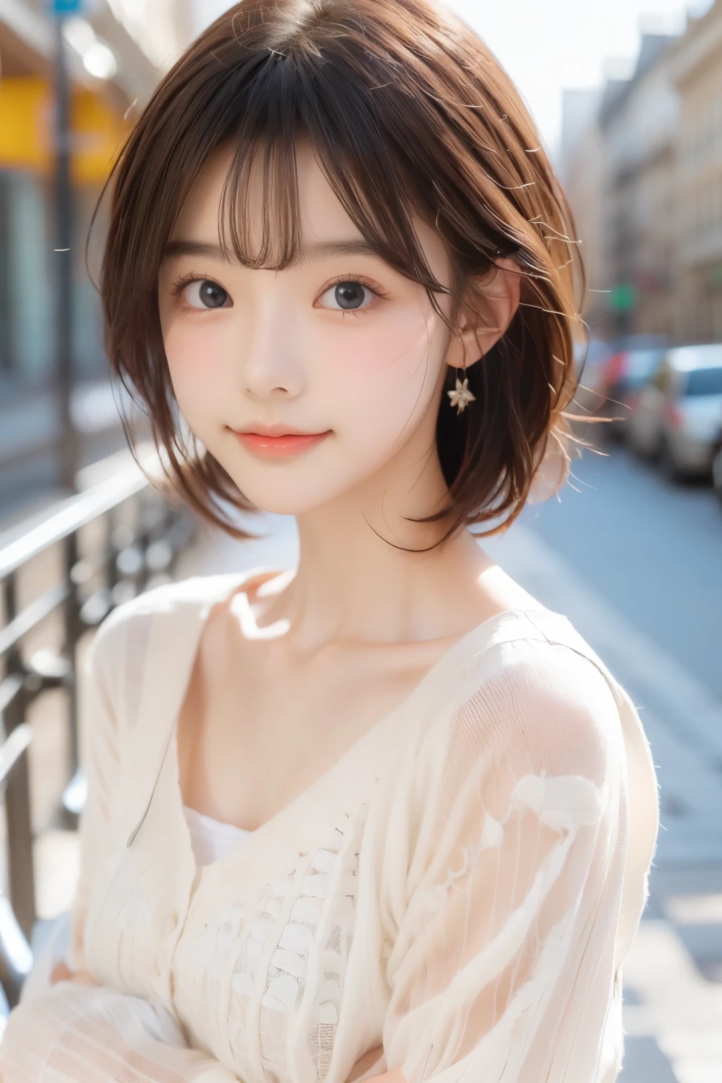 (8K, Highest quality, masterpiece: 1.2), Super detailed, Highest quality, Ultra-high resolution,, Super Short Hair, side lock hair, Earrings, Silky blonde, smiling, Professional Lighting,, Paris , Storm scene, Edwardian woman in white, watercolor