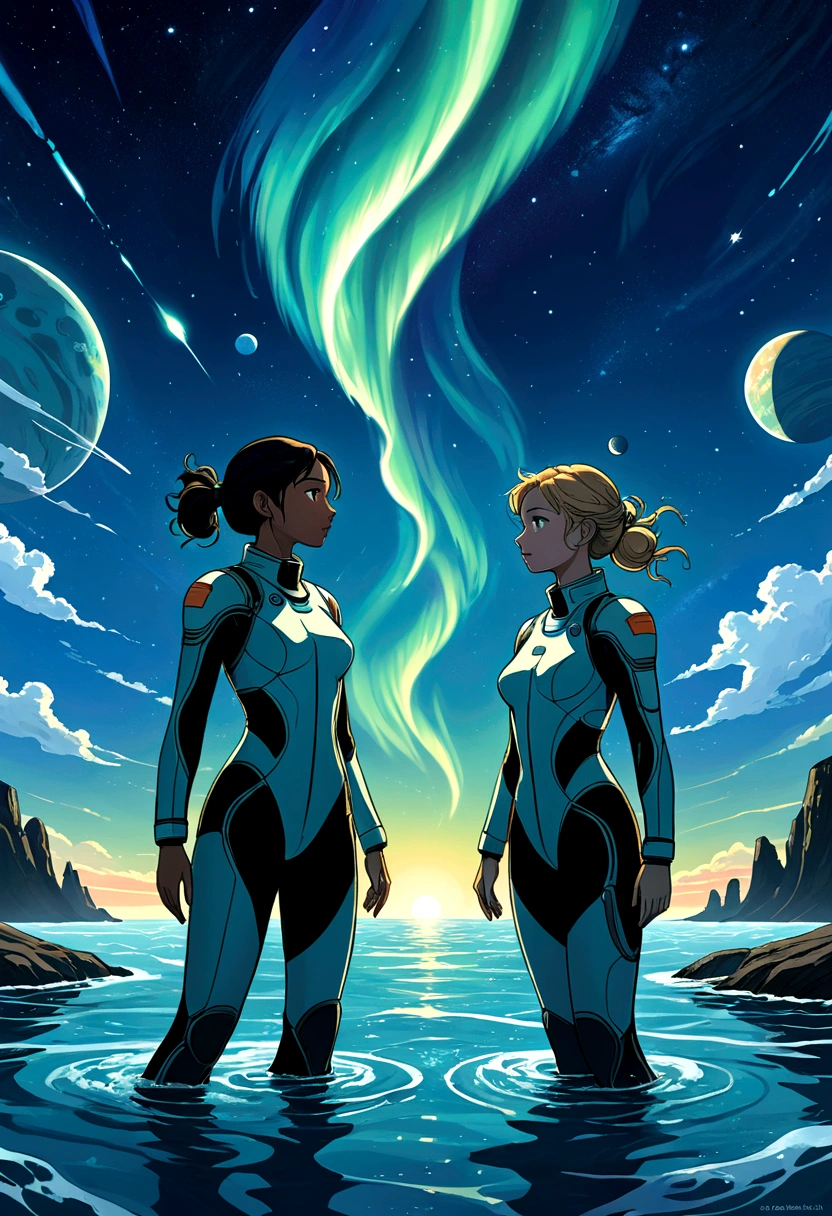 A stunning manga-style illustration set in the futuristic world of Uranus 2324. The distant planet Uranus is depicted with mesmerizing northern lights, casting an otherworldly glow on the dark and enigmatic ocean below. Two women, one an astronaut named Sarocha Chankimha with striking Asian features, and the other a freediver named Rebeca P. Armstrong, a British beauty with her hair tied in a bun, are shown as silhouettes. Sarocha is seen floating in her space suit, while Rebeca gracefully dives beneath the waves. Despite the vast distances separating them, their love serves as an unwavering force that drives their determination to reunite. The artwork masterfully captures the complex emotions of despair, sadness, and unyielding hope, creating a truly touching and memorable scene.