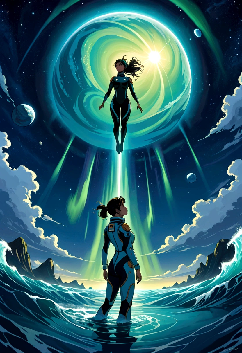 A stunning manga-style illustration set in the futuristic world of Uranus 2324. The distant planet Uranus is depicted with mesmerizing northern lights, casting an otherworldly glow on the dark and enigmatic ocean below. Two women, one an astronaut named Sarocha Chankimha with striking Asian features, and the other a freediver named Rebeca P. Armstrong, a British beauty with her hair tied in a bun, are shown as silhouettes. Sarocha is seen floating in her space suit, while Rebeca gracefully dives beneath the waves. Despite the vast distances separating them, their love serves as an unwavering force that drives their determination to reunite. The artwork masterfully captures the complex emotions of despair, sadness, and unyielding hope, creating a truly touching and memorable scene.
