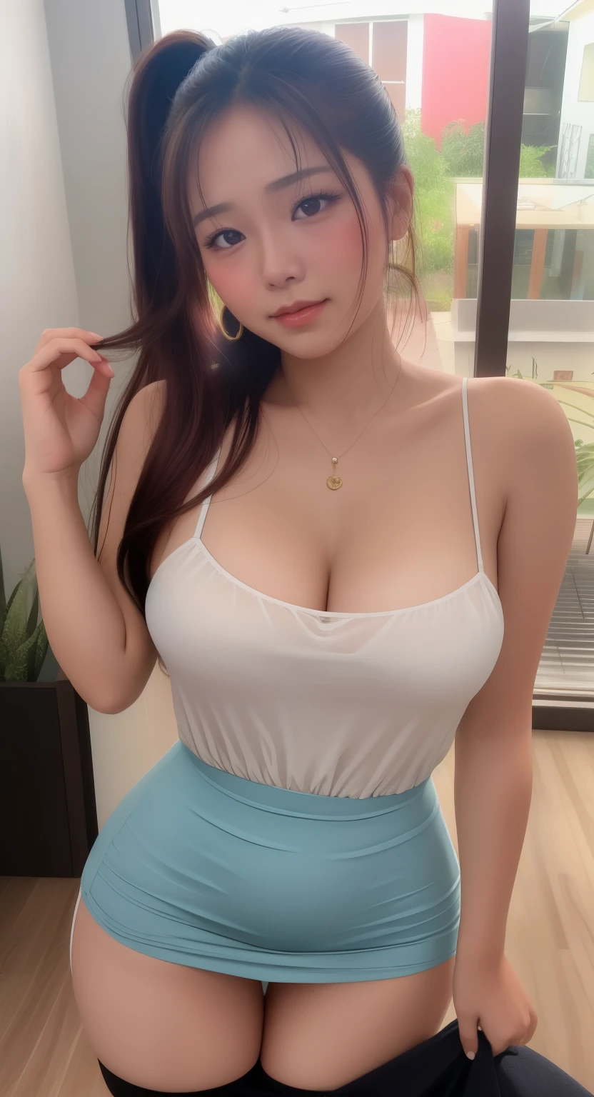 ((Highest quality, 8K, masterpiece: 1.3)), 1 Female, The beauty of slim abs: 1.3, (Hairstyle Casual, Big ample breasts: 1.2), Wet Skin, Ultra-fine face, Detailed eyes, double eyelid, smile, Formal shirt, Exposing cleavage, gigantic breasts: 1.3, cleavage: 1.3, Armpits,Leaning,forward, Black Hair,Tight bare legs, Full body description,White skin,mini skirt: 1.3,Girl with perfect body，Long Hair，Inside the room