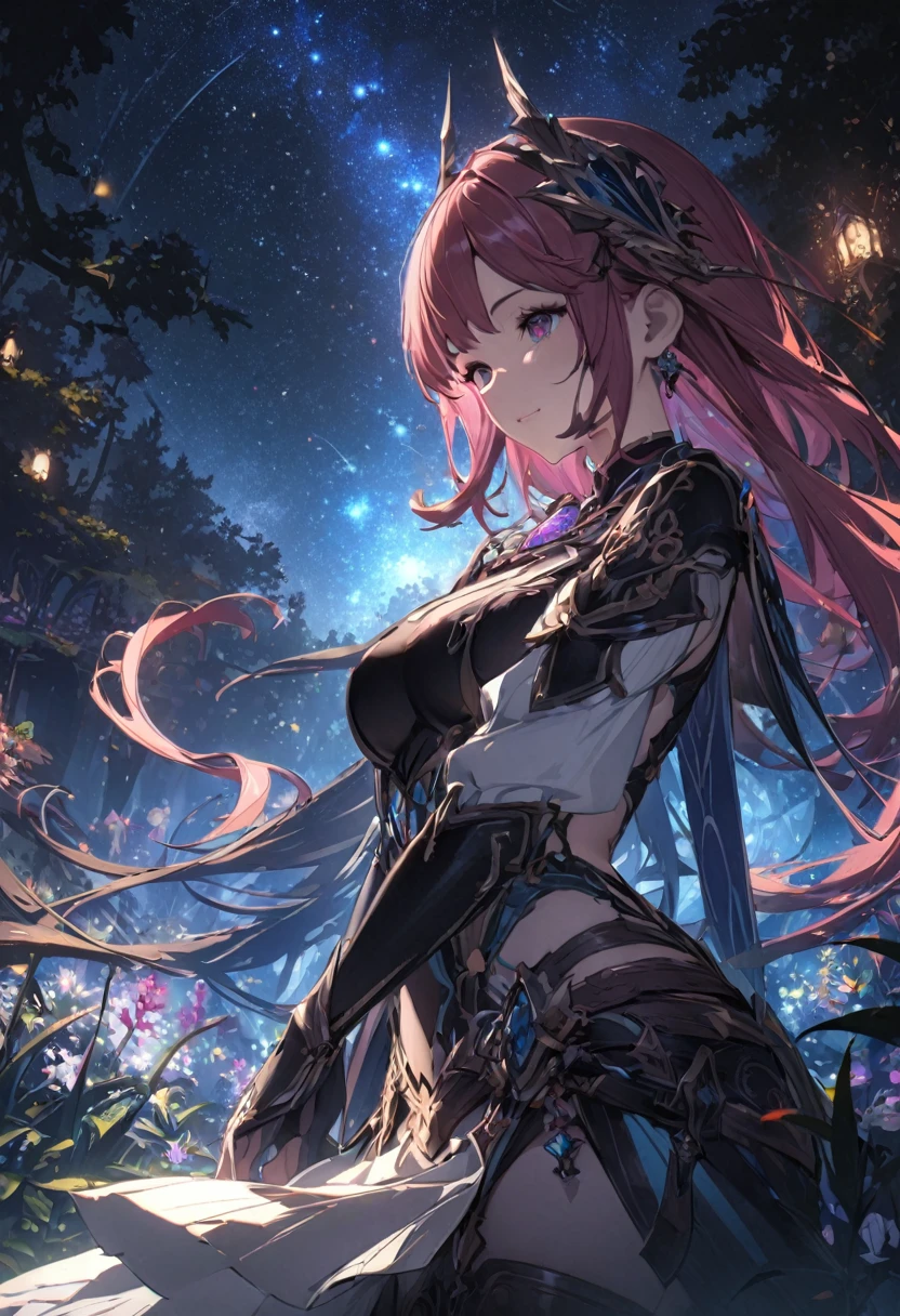 1 Girl, Detailed beautiful fantasy magical plants forest, Starry night sky, Dark mysterious background, 发光的紫红色light, Yggdrasil, the World Tree, (best quality,4K,8K,high resolution,masterpiece:1.2),Extremely detailed,(Practical,photoPractical,photo-Practical:1.37),Intricate details,Concept Art,number,Very detailed,light,戏剧light,Vibrant colors,sharp contrast