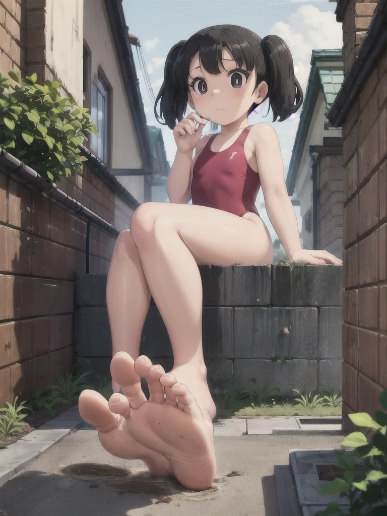 facial details,masterpiece,depth of view,cinematic angle, drsizukachan1, explicit, Shizuka Minamoto, (1 girl, alone, black hair, black eyes, twin tails, twintails, competition swimsuit, barefoot, looking at viewer:1.0, sitting, feet in focus, soles, toes, on the dirt street, scared), nsfw, (giant), 