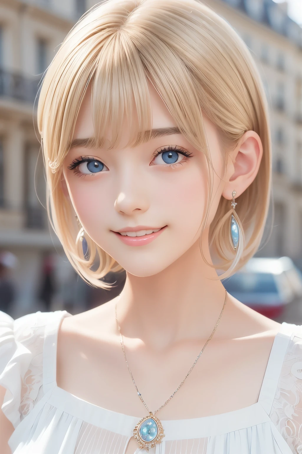 (8K, Highest quality, masterpiece: 1.2), Super detailed, Highest quality, Ultra-high resolution, Super Short Hair, side lock hair, Earrings,  Silky blonde, smiling, Professional Lighting,, Paris , Storm scene, Edwardian woman in white, watercolor  