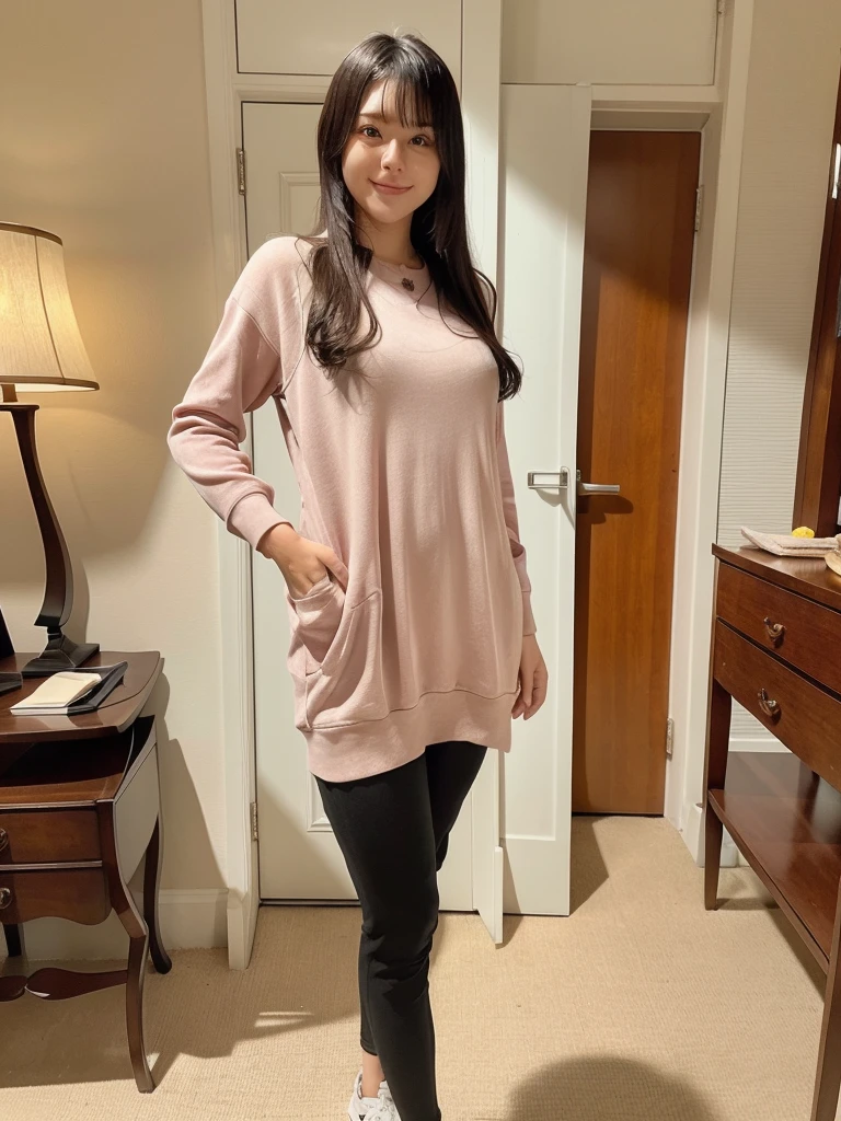 rie,One Woman,(best quality), (ultra detailed), (absolutely resolution),Face is front, 20-year-old, Standing on one leg, Long shirt and leggings, The color of the dress is chocolate brown, The pattern on the clothes is embroidered, Black Hair, A luxurious suite with antique furniture