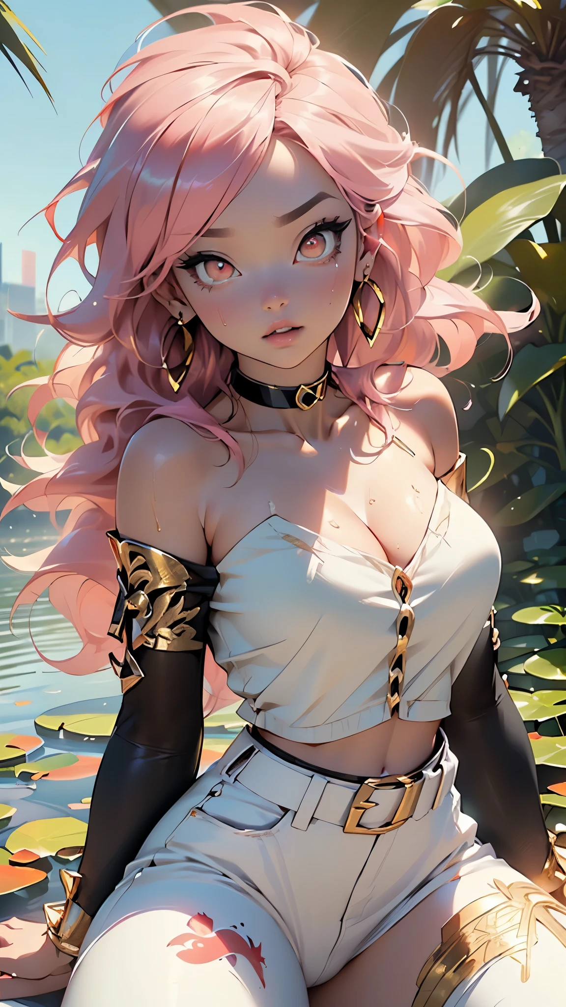 (((Android-21 from Dragon Ball Z))),Android 21 majin,girl,(((1girl))),mature girl,
(((tail))),(large breasts:1.4),saggy breasts,(((light pink hair,spiked hair,long hair,messy hair)),(((black sclera,colored sclera,red_eyes:1.3))),intricate eyes,beautiful detailed eyes,symmetrical eyes,big eyes:1.3,((fat)),(((colored skin:1.2,pink skin:1.2,lustrous skin:1.5,bright skin: 1.5,skin tanned,shiny skin,very shiny skin,shiny body,plastic glitter skin,exaggerated shiny skin,illuminated skin,wet legs))),(bimbo body,spider lower abdomen,narrow waist,wide hip,athletic body,inflated legs, thick thighs,detailed body,(detailed face)),big ass, thick thighs, slim curves, good anatomy,thick legs,
cute,slutty,seductive,erotic,(nsfw),
(((black tube top, dark tube top))),((detached sleeves, black sleeves)),(earrings,hoop earrings),(navel,midriff),((white genie pants:1.3,white Aladdin pants,Thai pants)),((golden bracelets,golden choker:1.2,gold belt:1.3)),((huge cleavage)),
(dynamic pose:1.0),solo focus,,(centered,scale to fit dimensions,Rule of thirds),
outdoors,(Arab palace,Arab palace background,pyramids in the background),scenery,(oasis,oasis background),extremely scenery,(puddles everywhere,moss,moss on the background),clouds,Arab style,Arab castle,lily pads,palms,reeds,(sunset, golden hour),
(Glossy Arab ornaments),highres,sharp focus,(ultra detailed,extremely detailed),(photorealistic artwork:1.37),(extremely detailed CG unity 8k wallpaper),(((vibrant colors,vibrant theme))),(intricate),(masterpiece),(best quality),artistic photography,(photography taken by sldr),(intricate background),perfect rendered face,perfect face details,realistic face,photo realistic,((intricate detail)),(((realism))),
