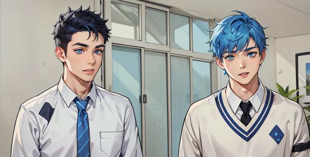 two cute boys with blue hair and the other with black hair and blue eyes