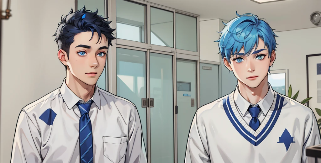 two cute boys with blue hair and the other with black hair and blue eyes