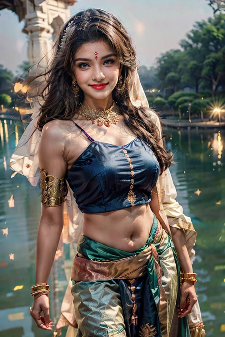 A young realistic woman adorned in very elegant traditional beautiful Indian attire, cute face, enormous sexy breasts, cute athletic body type, beautiful outfit, cute smile, red lips, beautiful hairstyle, natural lighting, glossy skin, Indian wedding (realistic perfect face)), 8k, best quality, masterpiece, high fashion photoshoot