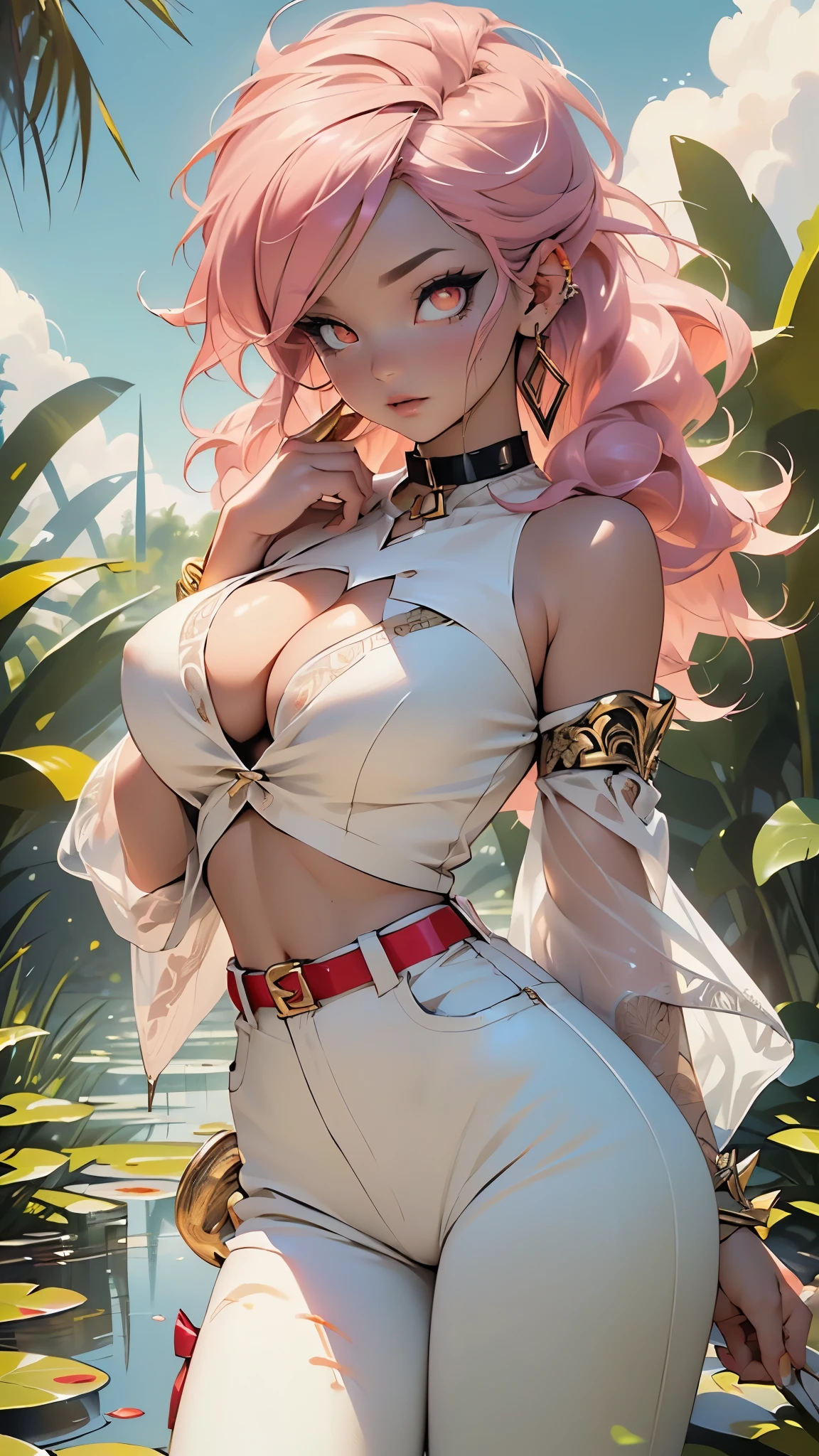 (((Android-21 from Dragon Ball Z))),Android 21 majin,girl,(((1girl))),mature girl,

(((tail))),(large breasts:1.4),saggy breasts,(((light pink hair,spiked hair,long hair,messy hair)),(((black sclera,colored sclera,red_eyes:1.3))),intricate eyes,beautiful detailed eyes,symmetrical eyes,big eyes:1.3,((fat)),(((colored skin:1.2,pink skin:1.2,lustrous skin:1.5,bright skin: 1.5,skin tanned,shiny skin,very shiny skin,shiny body,plastic glitter skin,exaggerated shiny skin,illuminated skin,wet legs))),(bimbo body,spider lower abdomen,narrow waist,wide hip,athletic body,inflated legs, thick thighs,detailed body,(detailed face)),big ass, thick thighs, slim curves, good anatomy,thick legs,

cute,slutty,seductive,erotic,(nsfw),

(((black tube top, dark tube top))),((detached sleeves, black sleeves)),(earrings,hoop earrings),(navel,midriff),((white genie pants:1.3,white Aladdin pants,Thai pants)),((golden bracelets,golden choker:1.2,gold belt:1.3)),((huge cleavage)),

(dynamic pose:1.0),solo focus,,(centered,scale to fit dimensions,Rule of thirds),

outdoors,(Arab palace,Arab palace background,pyramids in the background),scenery,(oasis,oasis background),extremely scenery,(puddles everywhere,moss,moss on the background),clouds,Arab style,Arab castle,lily pads,palms,reeds,(sunset, golden hour),

(Glossy Arab ornaments),highres,sharp focus,(ultra detailed,extremely detailed),(photorealistic artwork:1.37),(extremely detailed CG unity 8k wallpaper),(((vibrant colors,vibrant theme))),(intricate),(masterpiece),(best quality),artistic photography,(photography taken by sldr),(intricate background),perfect rendered face,perfect face details,realistic face,photo realistic,((intricate detail)),(((realism))),
