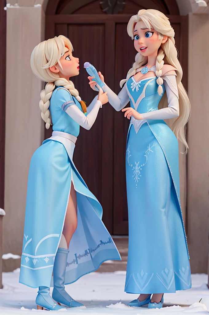 Ana y Elsa from Frozen, using a double dildo, grabbing her tits, and kissing