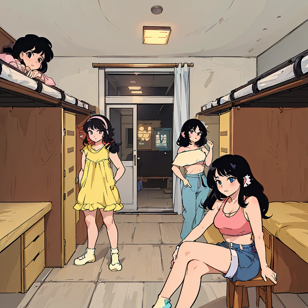 Cartoon of a group of girls in a room with a door, Japan Anime style, 80s anime art style, 1980's anime style, modern anime style, Anime style, In an apartment in Japan, Anime style, Urban girl fan art, Madhouse Studio Anime style, 80s anime style, ecchiAnime style