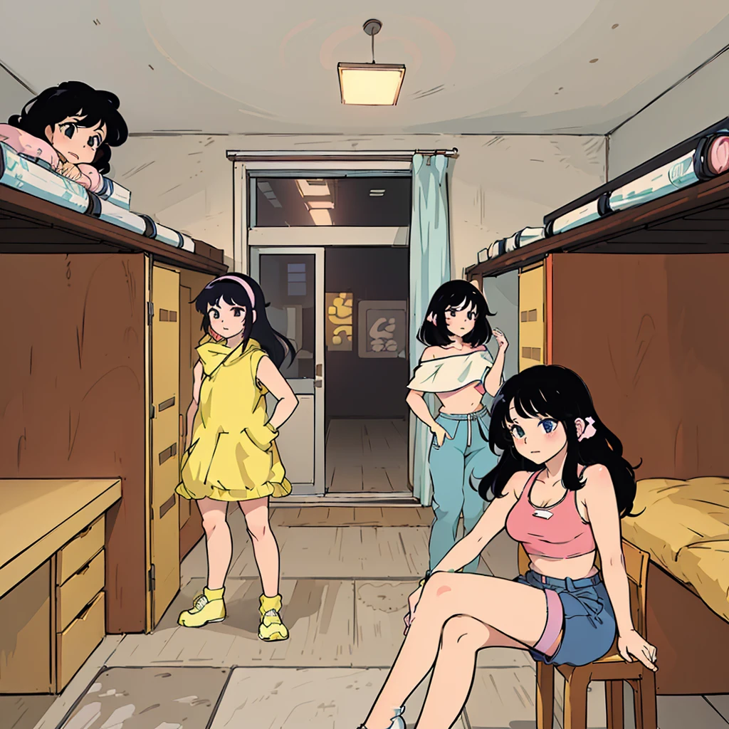 Cartoon of a group of girls in a room with a door, Japan Anime style, 80s anime art style, 1980's anime style, modern anime style, Anime style, In an apartment in Japan, Anime style, Urban girl fan art, Madhouse Studio Anime style, 80s anime style, ecchiAnime style