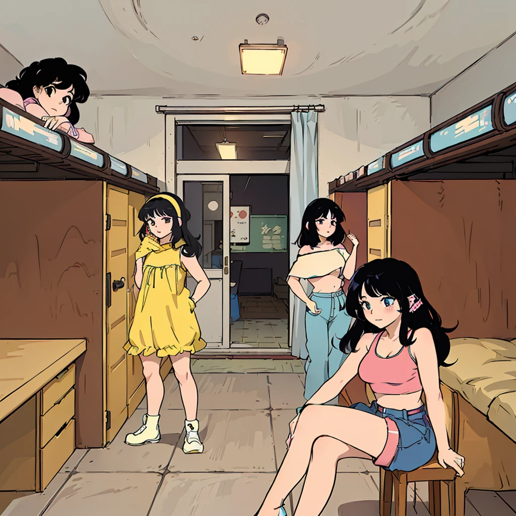 Cartoon of a group of girls in a room with a door, Japan Anime style, 80s anime art style, 1980's anime style, modern anime style, Anime style, In an apartment in Japan, Anime style, Urban girl fan art, Madhouse Studio Anime style, 80s anime style, ecchiAnime style