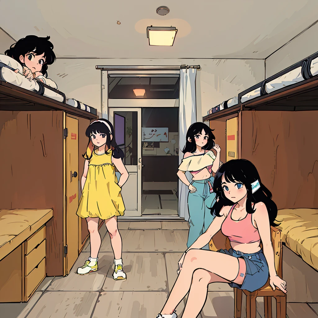 Cartoon of a group of girls in a room with a door, Japan Anime style, 80s anime art style, 1980's anime style, modern anime style, Anime style, In an apartment in Japan, Anime style, Urban girl fan art, Madhouse Studio Anime style, 80s anime style, ecchiAnime style