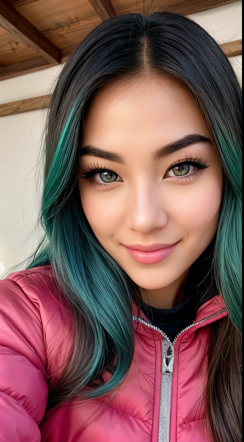 woman with white skin and Asian features, 24-year-old blue hair (green-eyed woman), natural breast_b, Her eyebrows are well-defined, with a natural arch that complements her eye shape. She has a small, elegant nose with a slight upward curve at the tip. Her lips are full and naturally pink, with a well-defined Cupid's bow. Her teeth are straight and white, enhancing her captivating smile. Her face has an oval shape with high cheekbones that add to her model-like appearance. Go-Pro 4k wide angle selfie, she's skiing while taking the selfie, the camera angle is pointing downwards at her face, she's kissing as a pose, she's wearing a full ski suit, she's the one taking the selfie, the camera POV is from the phone, you can't see the phone in the photo