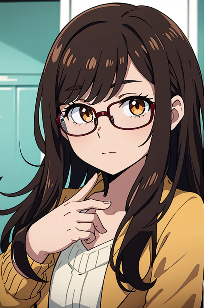 eyes browns, dark brown hair (wavy hair with bangs), square glasses
