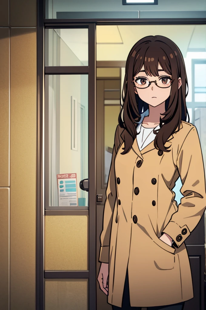 eyes browns, dark brown hair (wavy hair with bangs), square glasses