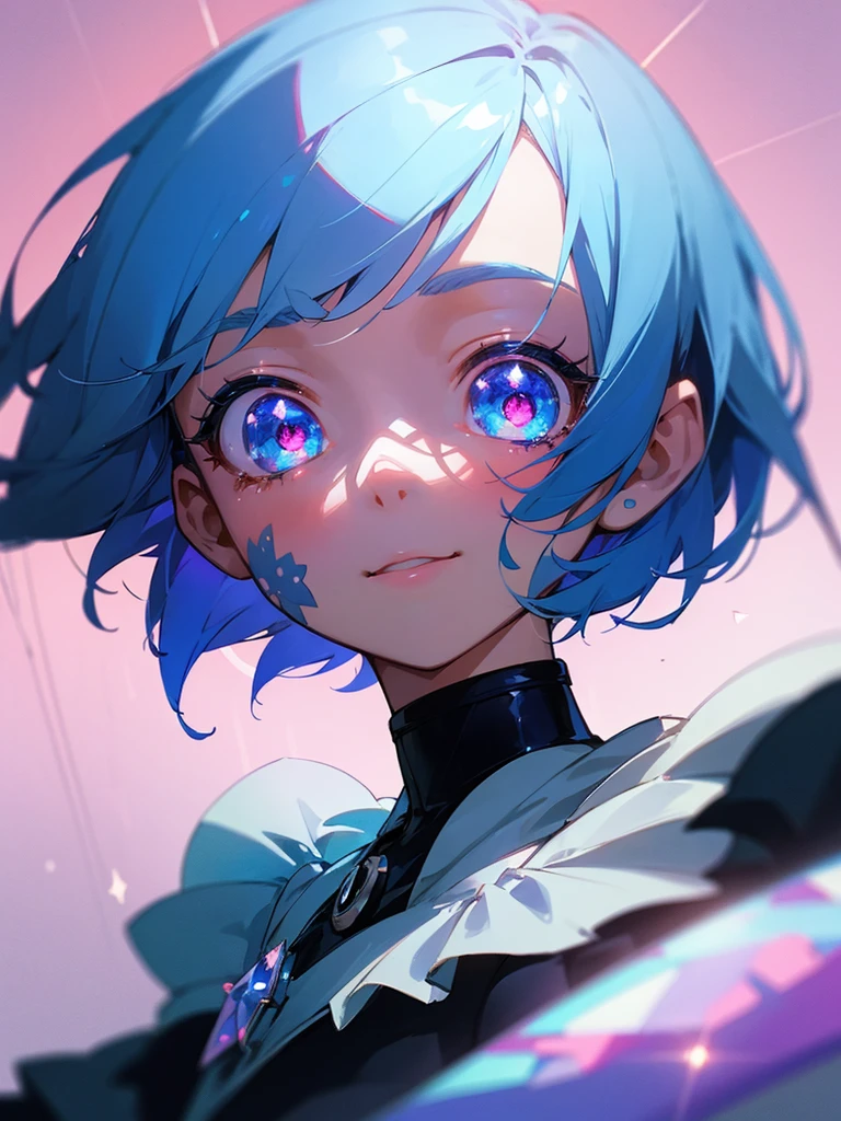 1girl, portrait, loli anime girl with short blue hair wearing maid outfit, blue hair with pink gradient, close up face, detailed eyes, detailed hair, emotional lovely happy expression, crystal glowing eyes, cinematic lighting, extremely detailed body, face, clothes, ultra HD, masterpiece, very very anime style, bokeh, starry shining lighting