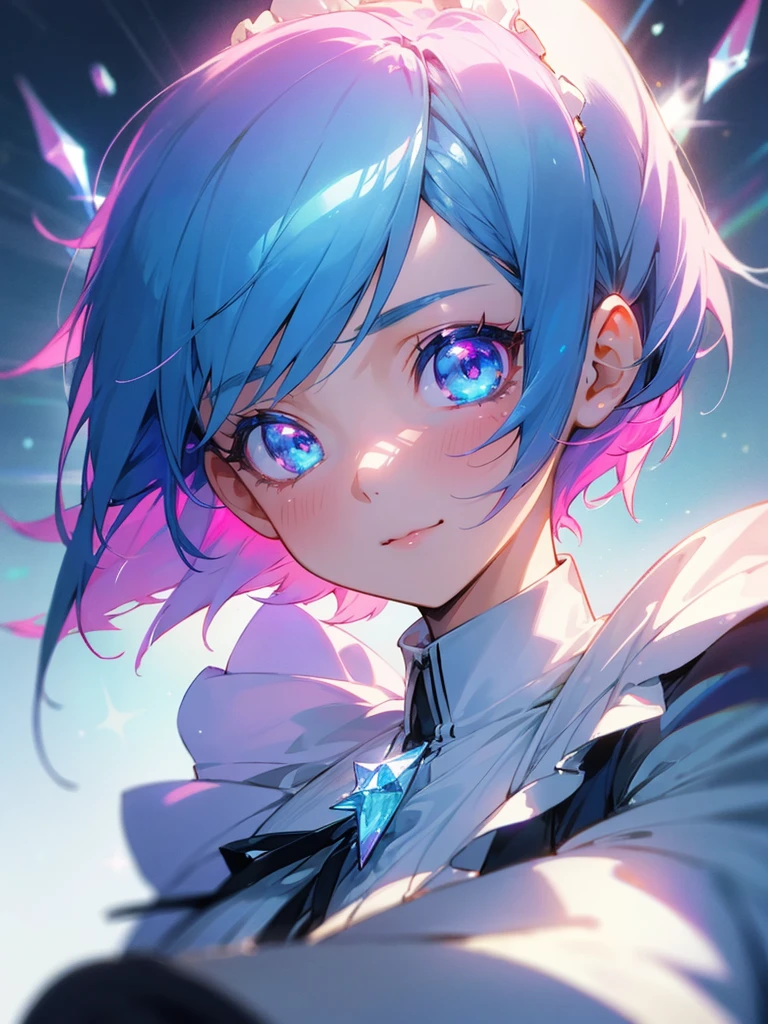 1girl, portrait, anime girl with short blue hair wearing maid outfit, blue hair with pink gradient, close up face, detailed eyes, detailed hair, emotional lovely happy expression, crystal glowing eyes, cinematic lighting, extremely detailed body, face, clothes, ultra HD, masterpiece, very very anime style, bokeh, starry shining lighting