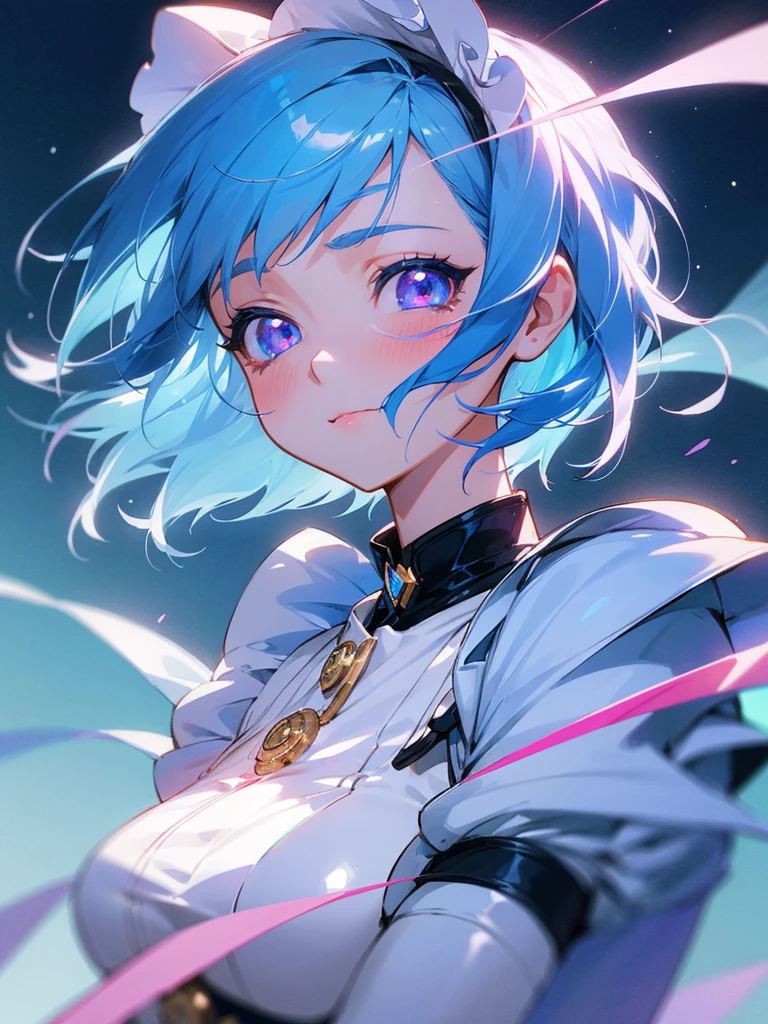1girl, portrait, loli anime girl with short blue hair wearing maid outfit, blue hair with pink gradient, close up face, detailed eyes, detailed hair, emotional lovely happy expression, crystal glowing eyes, cinematic lighting, extremely detailed body, face, clothes, ultra HD, masterpiece, very very anime style, bokeh, starry shining lighting