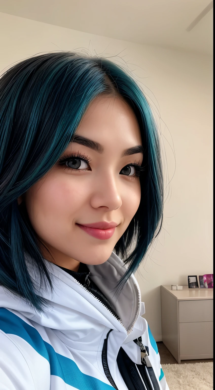 woman with white skin and Asian features, 24-year-old blue hair (green-eyed woman), natural breast_b, Her eyebrows are well-defined, with a natural arch that complements her eye shape. She has a small, elegant nose with a slight upward curve at the tip. Her lips are full and naturally pink, with a well-defined Cupid's bow. Her teeth are straight and white, enhancing her captivating smile. Her face has an oval shape with high cheekbones that add to her model-like appearance. Go-Pro 4k wide angle selfie, she's skiing while taking the selfie, the camera angle is pointing downwards at her face, she's kissing as a pose, she's wearing a full ski suit, she's the one taking the selfie, the camera POV is from the phone, you can't see the phone in the photo