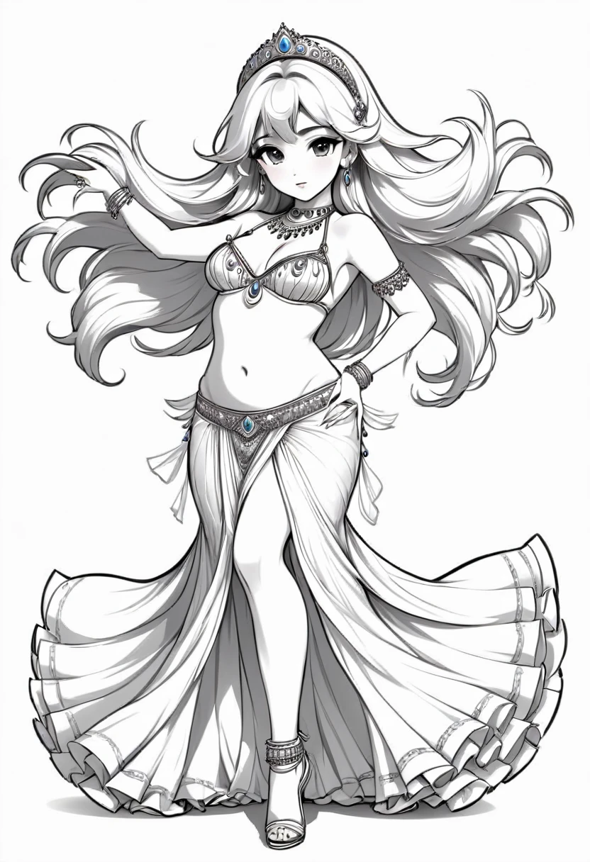 arte em linha, outline only, comic style, bellydancer, belly dancer, coloring book page, black and white only, no colors, no shadows, chibi style, without background, bellydancer, cartoon, kids coloring book, dance positions, entyre body, Dubay Glamour, luxurious clothes, and looking down for you crystal shoes, dancing, full body drawing, standing up, lookUp your hands up the top, better quality. High Res eyes. White hair. playing derbake, white background