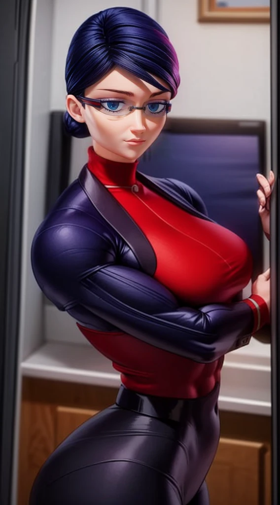 a muscular female bodybuilder in (( red bra inside (office suit) and her hair is (gradient of dark blue and red) from end to the right side of head)), detailed face, beautiful detailed eyes, beautiful detailed lips, ((extremely detailed face and muscles)), long eyelashes, strong muscles bulging through suit, dynamic pose, professional studio lighting, hyperrealistic, 8k, high quality, photorealistic, physically-based rendering, concept art, dramatic color palette,((abs)).